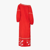 Buganvilias Cotton Embroidered Maxi Dress - Red - Villa Yasmine