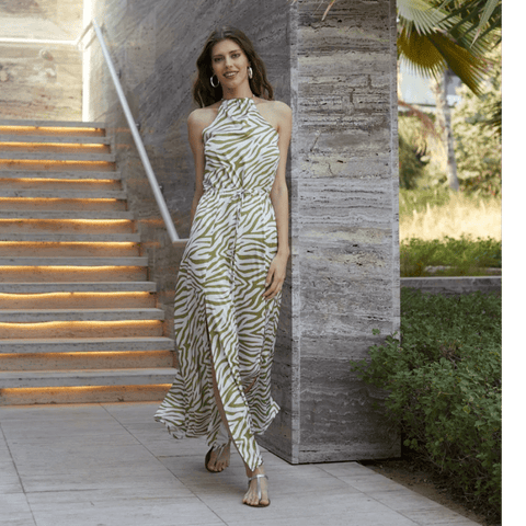 Alba Dress Zebra - Olive Green - Villa Yasmine